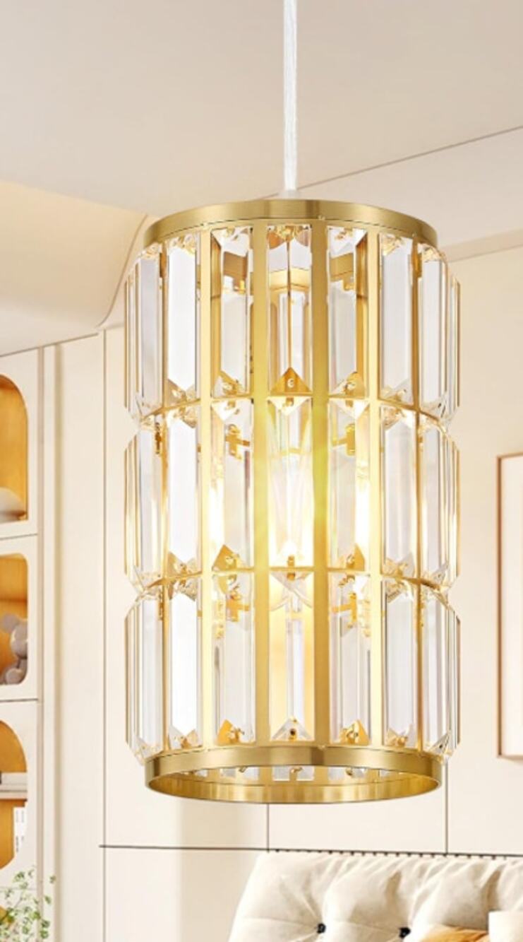Gold Pendant Light Crystal Glass, 4.76“x 11.42"-With 87” adjustable hang chain